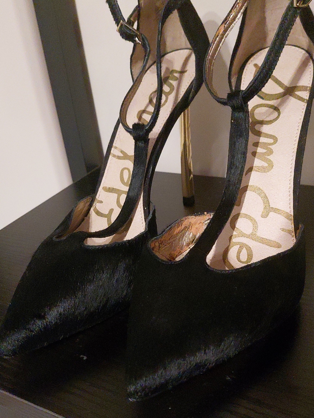 Sam Edelman Black Pointed T-Strap Stiletto Heels with Gold Heel